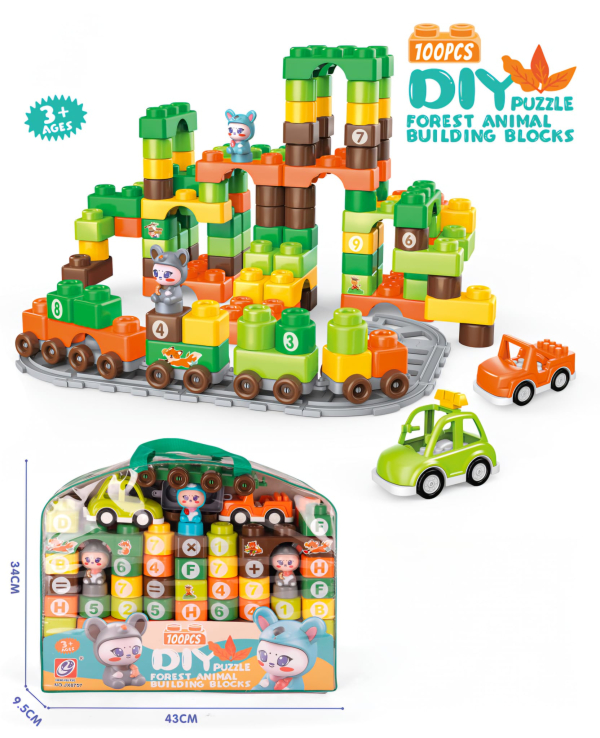 Forest Animal Building Blocks Set, 100 Pieces DIY Train Track Puzzle Blocks with Cars, Educational STEM Toy for Ages 3+(Ref: 8526635106204)