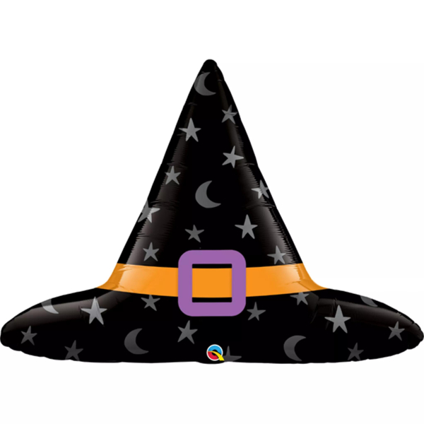 Halloween Witch Hat with Stars and Moon Pattern, Black with Orange Band, Purple Buckle ballon (Ref: 7144423482)