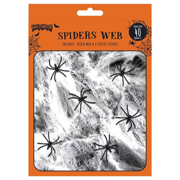 Halloween Spider Web Decoration Set with 6 Black Plastic Spiders, Covers 40 Square Feet (Ref: 033601021162)