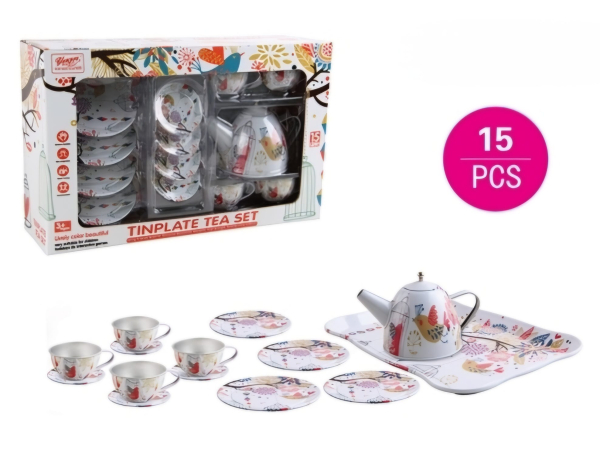 Tinplate Tea Set, 15 Pieces, Floral Pattern, White with Colourful Design (Ref: 8526635106839)