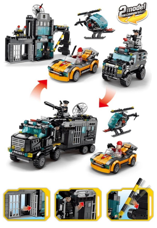 Police Building Set, Mobile Command Centre with Helicopter and Sports Car, 2-in-1 Construction Toy, Ages 6+ (Ref: 8526635106501) - Image 2