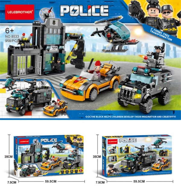 Police Building Set, Mobile Command Centre with Helicopter and Sports Car, 2-in-1 Construction Toy, Ages 6+ (Ref: 8526635106501)