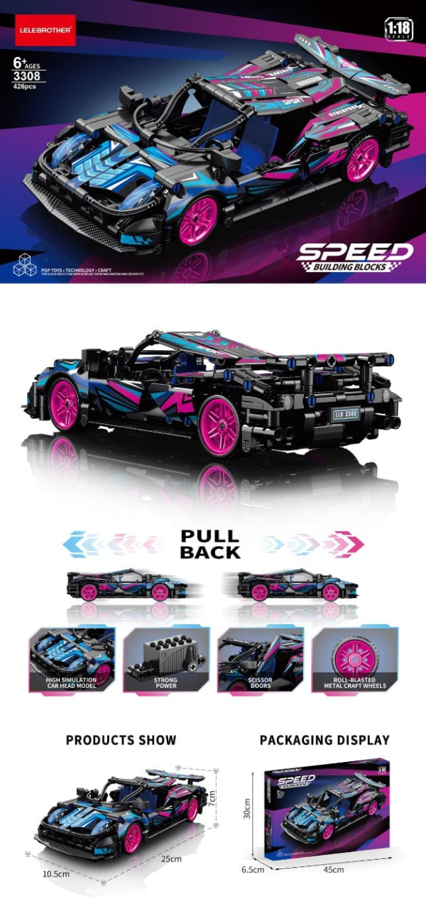 Speed Building Blocks Race Car, 1:18 Scale Pull-Back Model, 426 Pieces, Black with Blue and Pink Accents, Roll-Blasted Metal Wheels (Ref: 8526635106471)