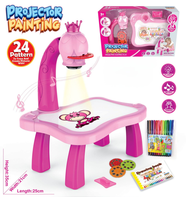 Kids Projector Painting Play Set, Pink, 24 Pattern Tracing Art Kit with Stand, Educational Creative Drawing Toy for Ages 3+, New Edition (Ref: 7525666104693)