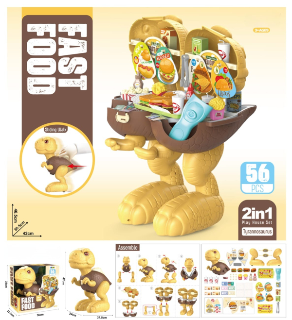 2-in-1 Dinosaur Fast Food Play House Set, 56 Pieces, Interactive Kitchen Toy with Sliding Walk Feature (Ref: 8526635106808)