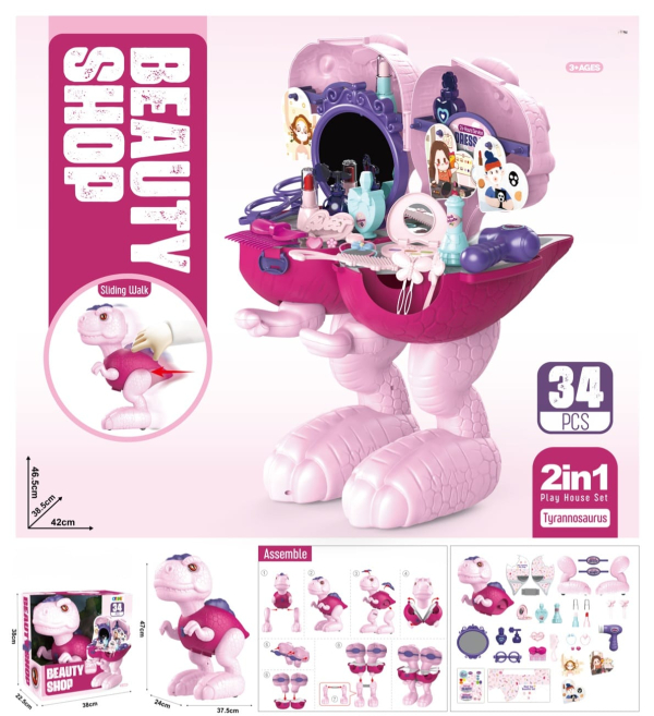 2-in-1 Dinosaur Beauty Shop Playset, 34 Pieces, Pink Tyrannosaurus Design with Sliding Walk Feature(Ref: 8526635106815)
