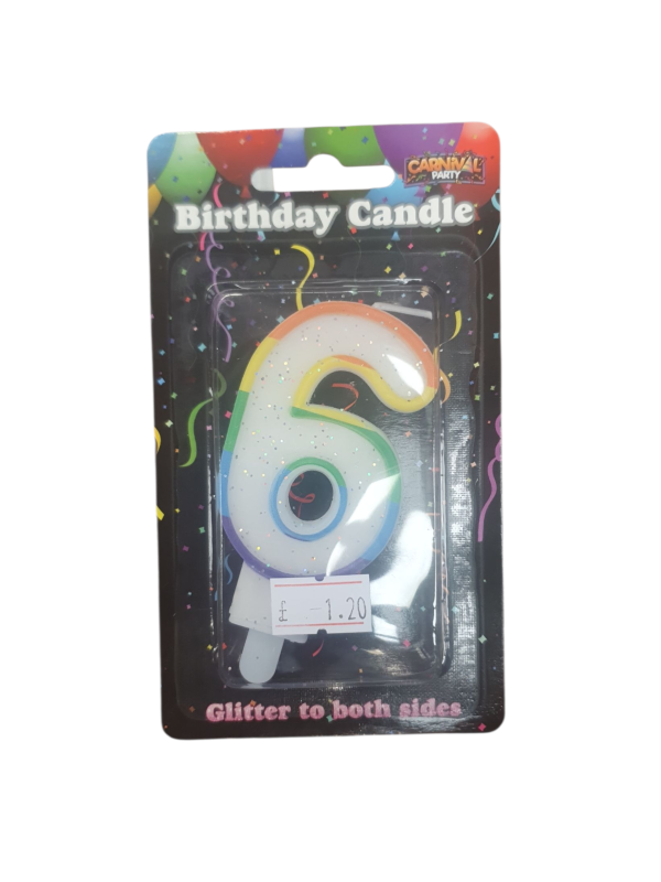 Carnival Party Glitter Birthday Number 6 Candle, Rainbow Colours ( Ref: 5060353801575)