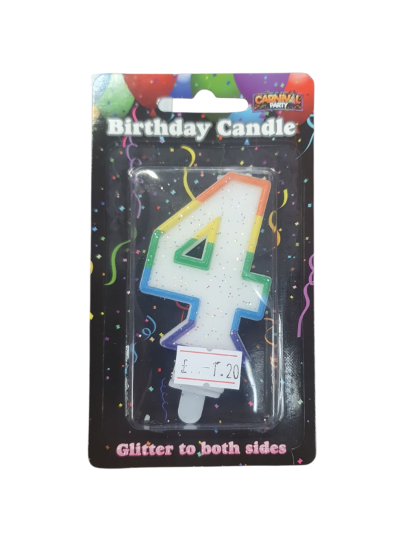 Rainbow Glitter Birthday Number Candle 4, Double-Sided Sparkle Design, Party Decoration (Ref: 5060353801513)