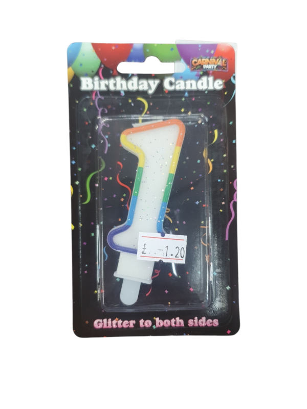 Rainbow Glitter Birthday Number 1 Candle, Double-Sided, Party Decoration (Ref: 5060353801421)