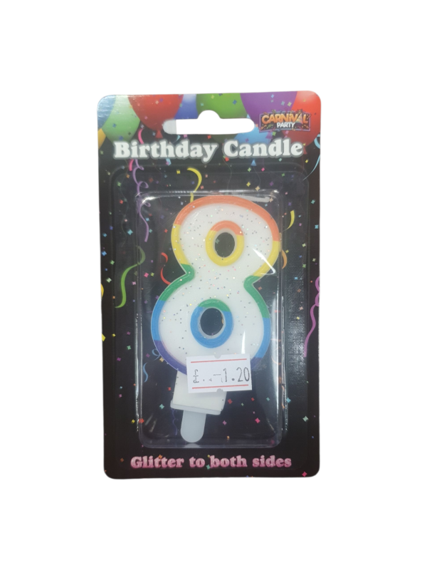 Carnival Party Rainbow Glitter Number 8 Birthday Candle, Double-Sided ( Ref: 5060353801636)