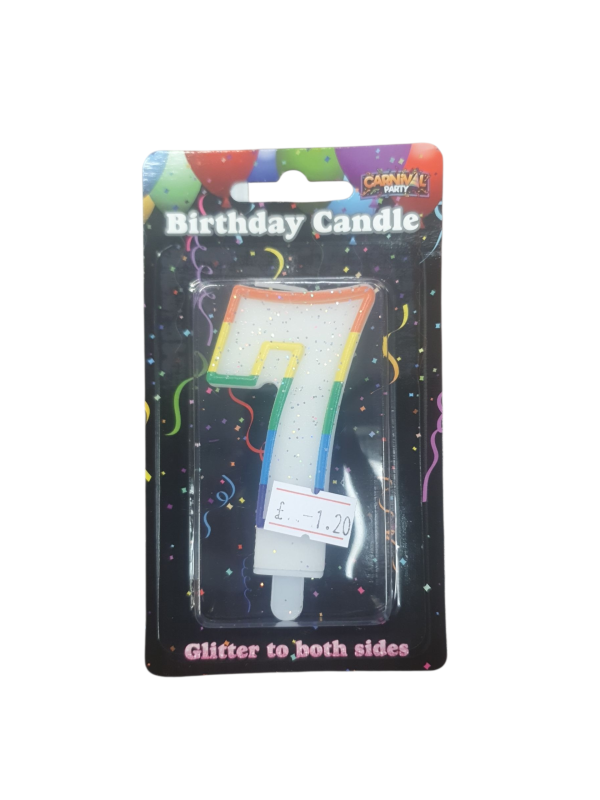 Carnival Party Rainbow Glitter Number 7 Birthday Candle, Double-Sided ( Ref: 5060353801605)