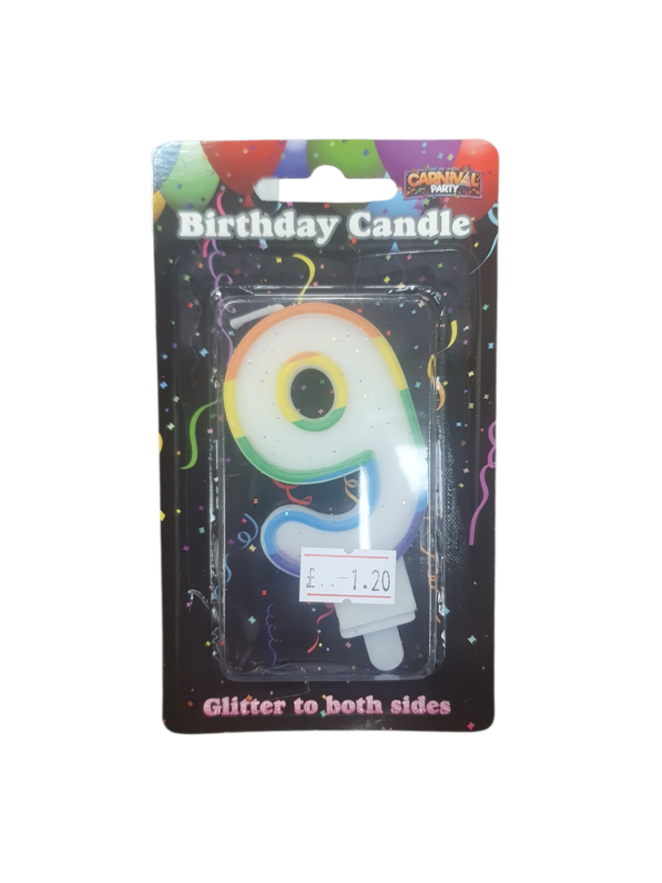 Carnival Party Rainbow Number 9 Birthday Candle with Glitter, Double-Sided ( Ref: 5060353801667)