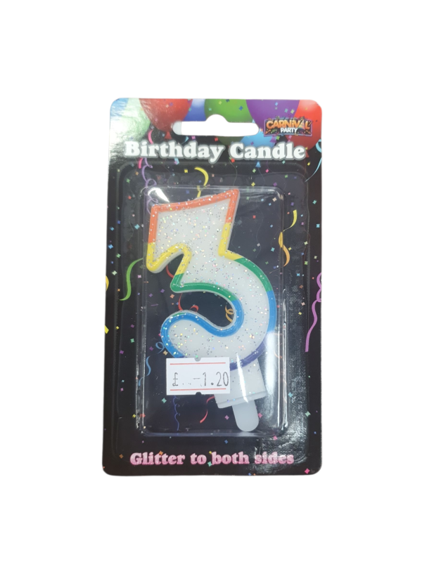 Carnival Party Rainbow Glitter Number 3 Birthday Candle, Double-Sided (Ref: 5060353801483)