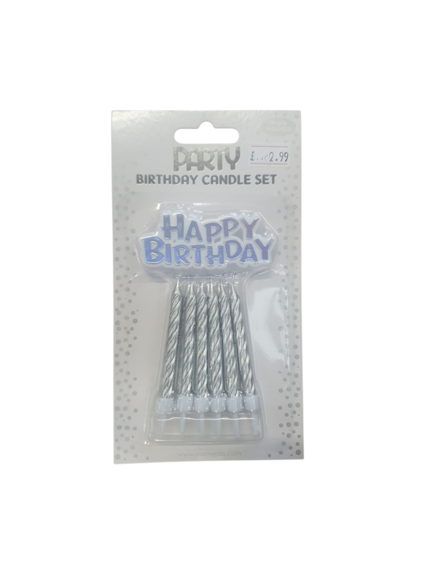 Party Birthday Candle Set with Happy Birthday Topper, Silver Metallic Spiral Candles (Ref:5033601555322)