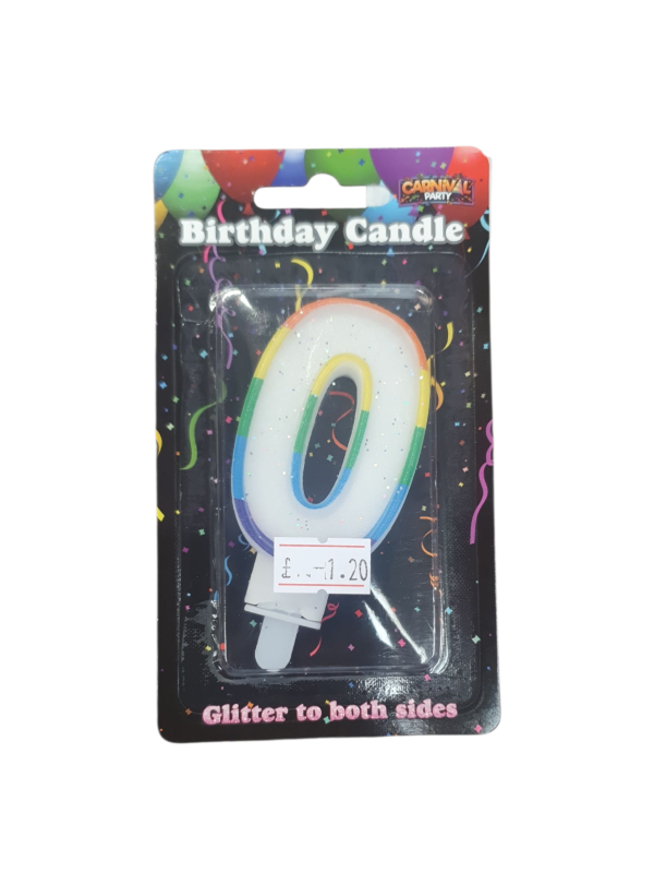 Carnival Party Rainbow Glitter Number 0 Birthday Candle (Ref: 50603538011391)