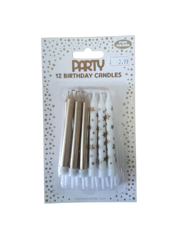 Party House Birthday Candles, Gold and White with Stars, Set of 12 ( Ref:5033601020684)