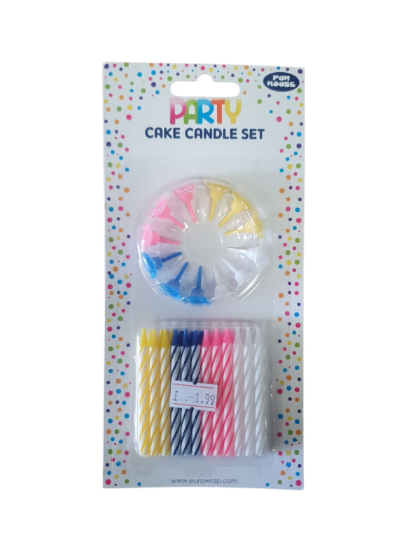 Party Cake Candle Set, Spiral Design, Multi-Coloured Yellow Blue Pink White, 24 Pack with Holders (Ref:5033601864943)