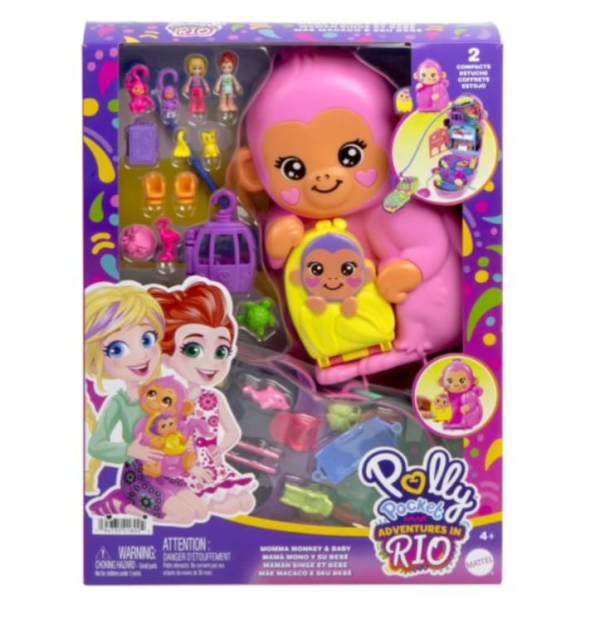 Polly Pocket Adventures in Rio Playset, Monkey Mermaid and Baby with Accessories, 2 Complete Settings (Ref: 194735218004)