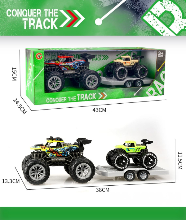 Conquer The Track Monster Truck Toy Set with Trailer, 2 Off-Road Vehicles, Ages 3+ (Ref: 8526635106587)