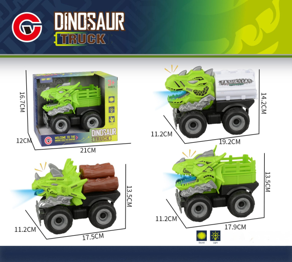 Dinosaur Truck Toy with Light and Sound Effects, T-Rex Design, Green and Black, 21 x 14.2 x 11.2 cm (Ref: